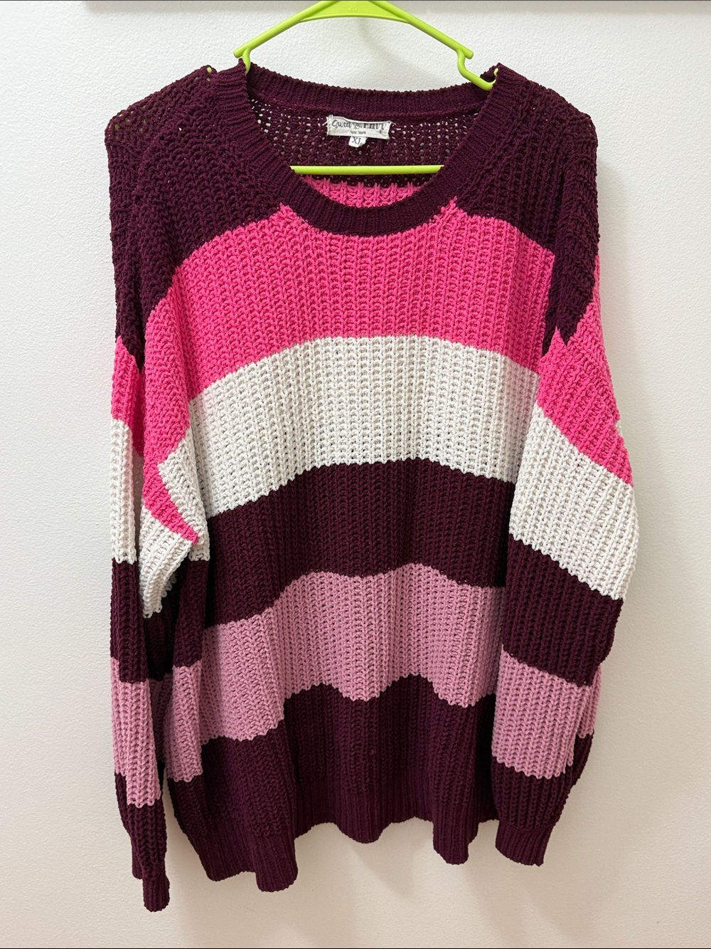 Striped Chunky Knit Sweater - Pink & Burgundy - Unknown Brand